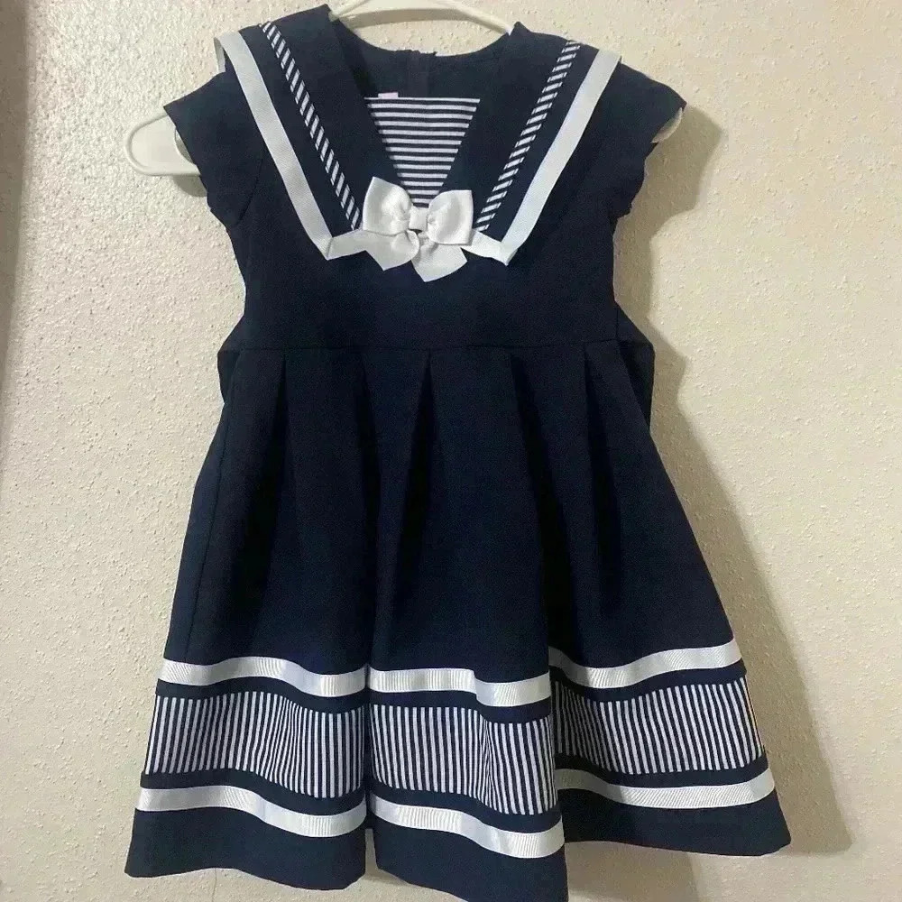 Jessica Ann Navy & White Sailor  Nautical Dress for Girls